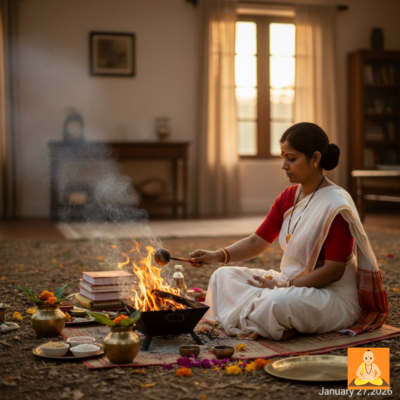 Certified Pandita Ji performing a low-smoke Vedic Havan for a Griha Pravesh ceremony in a high-rise apartment in Noida.